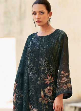 Black Organza Digital Print, Floral Patch, Resham and Thread Work Salwar Suit for Ceremonial