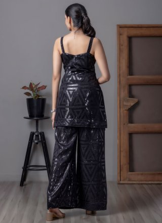 Black Polyester Readymade Salwar Suit with Sequins and Thread Work