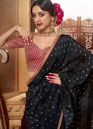 Black Pure Crepe Patch Border, Booti, Lace and Zari Work Contemporary Sari