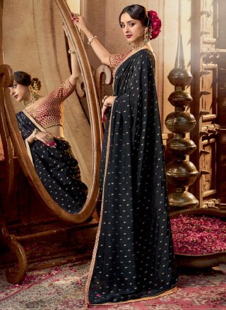 Black Pure Crepe Patch Border, Booti, Lace and Zari Work Contemporary Sari