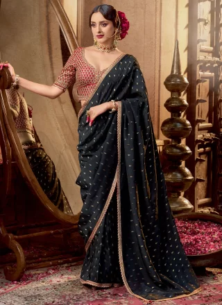 Black Pure Crepe Patch Border, Booti, Lace and Zari Work Contemporary Sari
