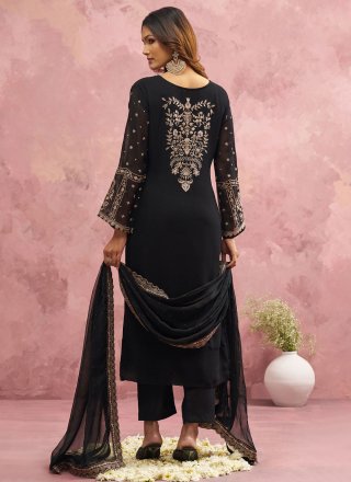 Black Pure Georgette Salwar Suit with Embroidered, Khatli, Thread and Zari Work for Ceremonial