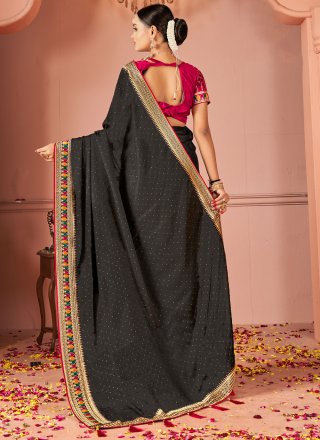 Black Rangoli Patch Border and Embroidered Work Trendy Saree
