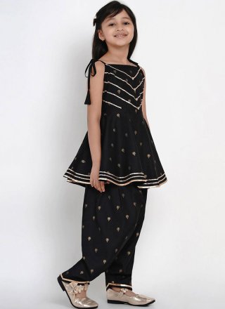 Black Rayon Designer Kurti with Lace and Print Work for Kid