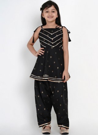 Black Rayon Designer Kurti with Lace and Print Work for Kid