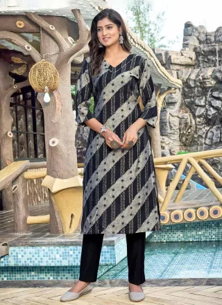 Black Rayon Digital Print Work Designer Kurti for Festival