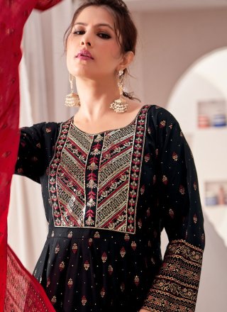 Black Rayon Embroidered and Foil Print Work Gown for Casual