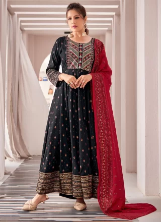 Black Rayon Embroidered and Foil Print Work Gown for Casual