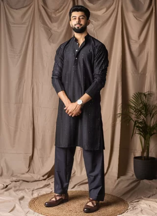 Black Rayon Embroidered and Thread Work Kurta Pyjama for Ceremonial