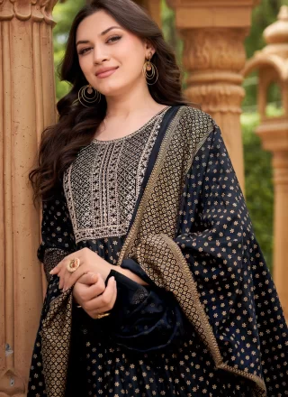 Black Rayon Embroidered, Foil Print and Sequins Work Pant Style Suit