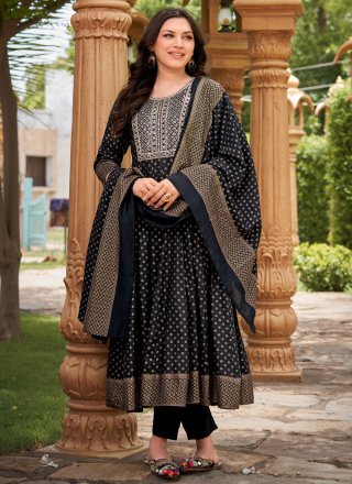 Black Rayon Embroidered, Foil Print and Sequins Work Pant Style Suit