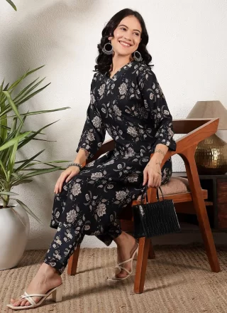 Black Rayon Foliage Print Work Designer Kurti