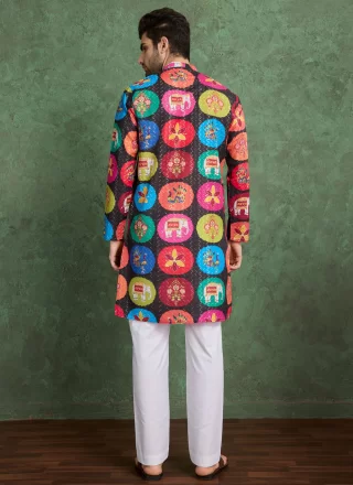 Black Rayon Kurta Mens Wear with Fancy, Print and Zari Work