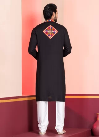 Black Rayon Kurta Pyjama with Embroidered and Lace Work