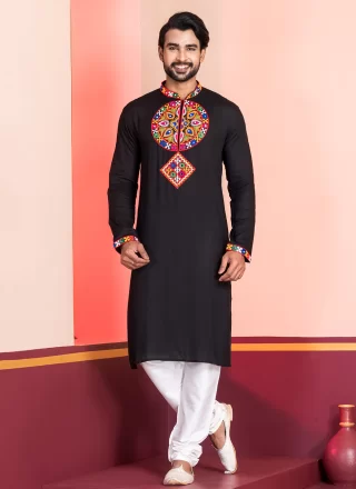 Black Rayon Kurta Pyjama with Embroidered and Lace Work
