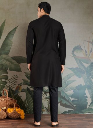 Black Rayon Mirror and Thread Work Kurta Mens Wear