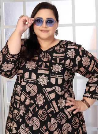 Black Rayon Print Work Floor Length Kurti