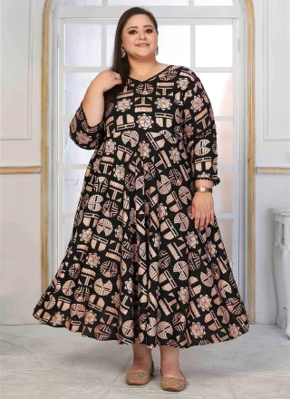 Black Rayon Print Work Floor Length Kurti