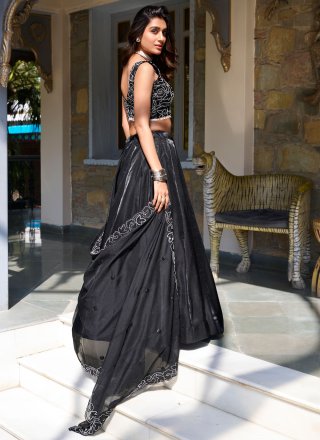 Black Satin A - Line Lehenga Choli In Plain