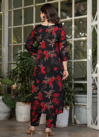 Black Satin Blend Pant Style Suit with Print Work