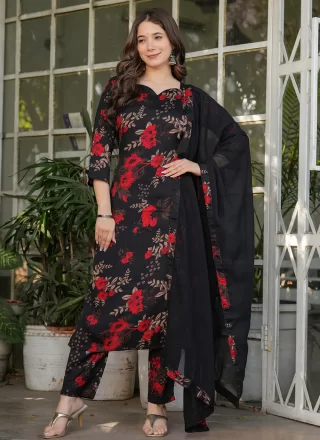 Black Satin Blend Pant Style Suit with Print Work