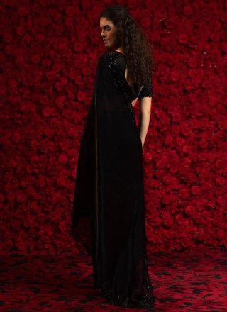 Black Satin Silk Cut and Zircon Work Classic Saree