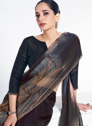 Black Satin Silk Cut Dana and Swarovski Work Traditional Saree