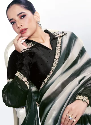 Black Satin Silk Designer Saree with Patch Border, Cut, Moti and Strips Print Work