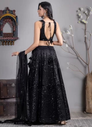 Black Satin Silk Embroidered, Sequins and Thread Work Readymade Lehenga Choli for Ceremonial