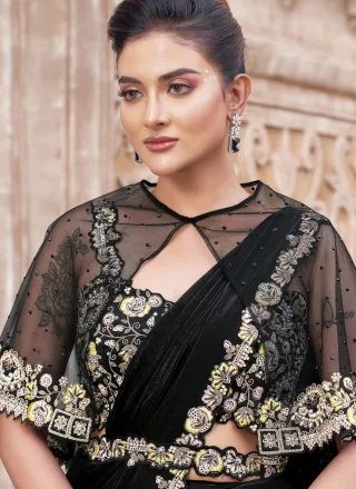 Black Satin Silk Moti, Sequins, Stone and Thread Work Contemporary Saree