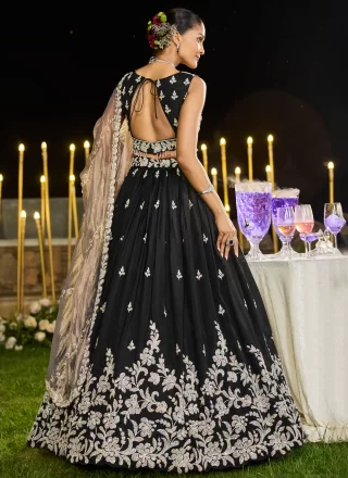 Black Satin Silk Readymade Lehenga Choli with Embroidered, Sequins and Thread Work for Women