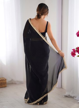 Black Satin Trendy Saree with Patch Border, Lace and Sequins Work
