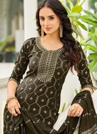 Black Shimmer Embroidered, Foil Print and Zari Work Pant Style Suit for Casual