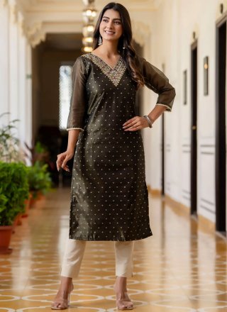 Black Silk Blend Embroidered and Zari Work Casual Kurti