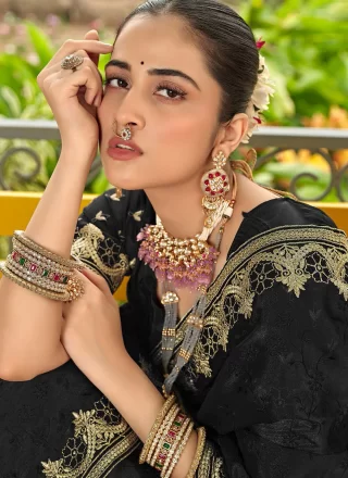 Black Silk Designer Sari with Embroidered, Fancy and Zari Work