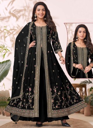 Black Silk Floor Length Salwar Suit with Embroidered and Thread Work