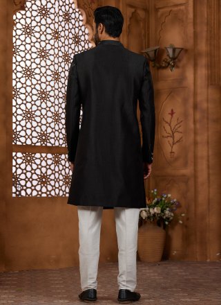 Black Silk Hand, Resham, Stone and Thread Work Indo Western Sherwani for Ceremonial