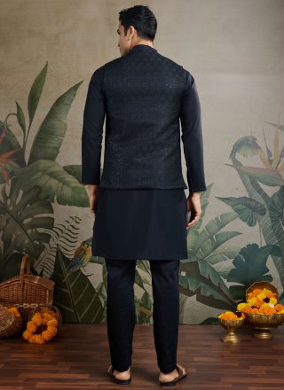 Black Silk Jacquard and Weaving Work Kurta Payjama with Jacket