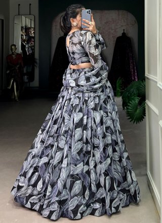 Black Silk Lehenga Choli with Foliage Print and Print Work for Ceremonial