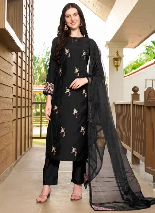 Black Silk Pant Style Suit with Embroidered Work