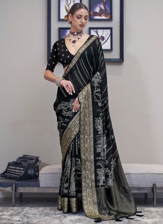 Black Silk Patch Border, Fancy, Jacquard and Print Work Classic Saree