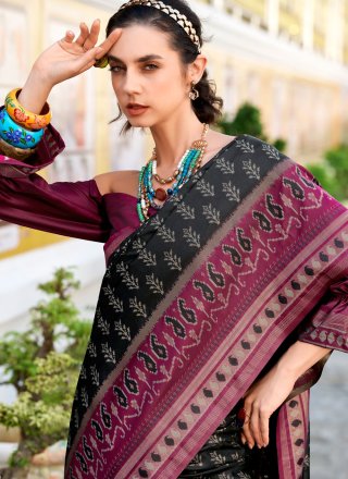 Black Silk Patch Border, Weaving and Zari Work Trendy Saree