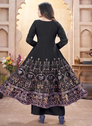 Black Silk Salwar Suit with Foil Print, Mirror and Thread Work for Ceremonial