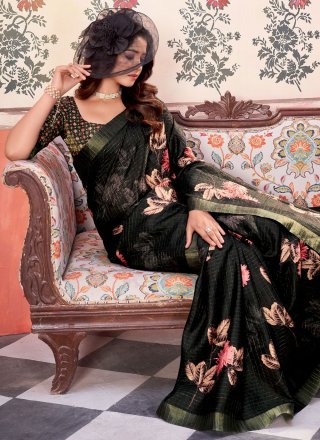 Black Silk Trendy Saree with Checks and Floral Patch Work