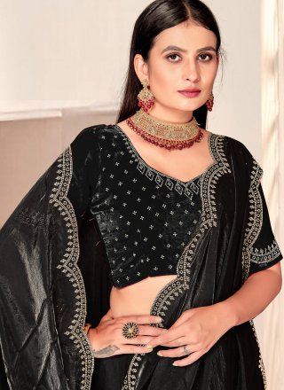 Black Swarovski Work Satin Silk Classic Sari