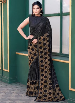Black Velvet Beads and Sequins Work Traditional Saree for Women