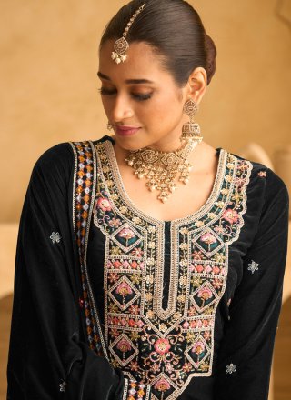 Black Velvet Beads, Embroidered, Sequins and Zari Work Palazzo Salwar Suit for Ceremonial