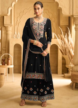 Black Velvet Beads, Embroidered, Sequins and Zari Work Palazzo Salwar Suit for Ceremonial