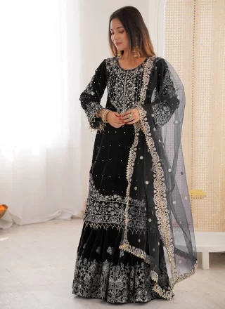 Black Velvet Embroidered, Pearls, Sequins and Thread Work Pakistani Salwar Suit