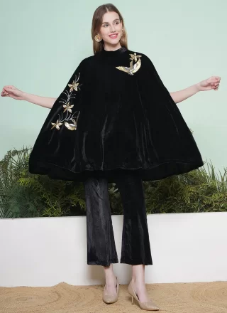 Black Velvet Embroidered Work Designer Gown